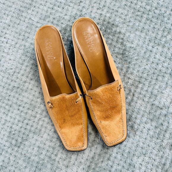 Vintage Y2K Calf Hair Warm Brown Leather Square Toe Mule Heels Franco Sarto - Picture 2 of 7